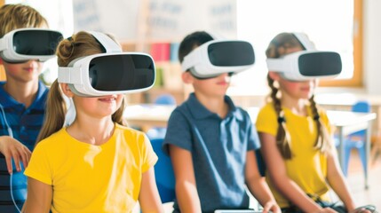 Excited Middle School Students Using VR Headsets in Modern Bright Classroom Exploring Interactive Educational Content - Daytime, Engaged, Dynamic Learning with Technology