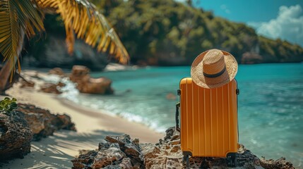 Beach Travel Ready - Tropical Scene with Yellow Suitcase and Hat, Vacation Preparation Concept