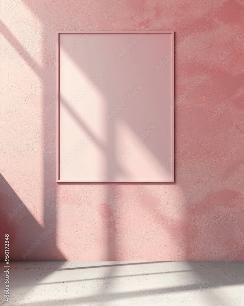 Poster pastel pink indoor wall with empty frame serene and minimalist mockup scene with soft lighting and c