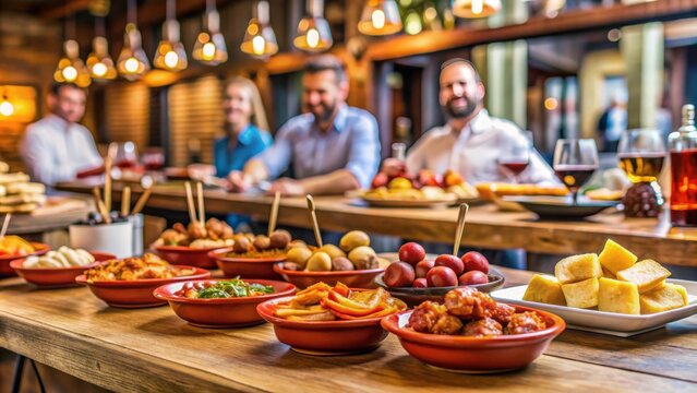 Vibrant tapas bar in Spain with patrons enjoying small plates like chorizo and patatas bravas surrounded by lively conversation