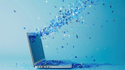 Laptop releasing blue and white digital particles.
