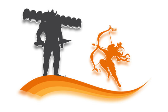 Vector illustration of lord Ram and Ravan silhouette on transparent background