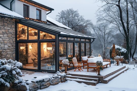Fototapeta Traditional Modern Sunroom with Large Windows, Wooden Furniture on Snow-Covered Terrace and Stone-Walled Garden in Winter