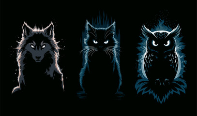 Vector Halloween animal silhouette set . A cat, wolf and owl with glow contours on black background.