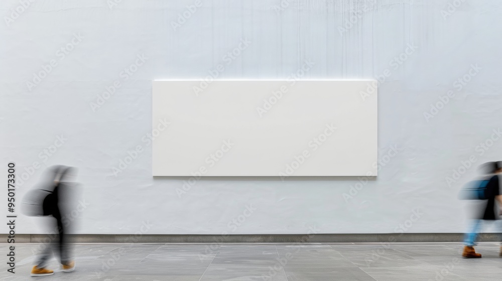 Poster Minimalist Indoor Wall Mockup with Blank Poster Motion Blur of People Passing By in Serene and Tranquil Setting with Soft Diffused Lighting