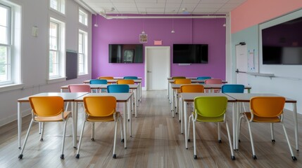 Diverse Group of Students Collaboratively Using Modern Technology in Brightly Lit Interactive Classroom During Daytime