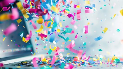 Colorful confetti bursts from a laptop for celebration.