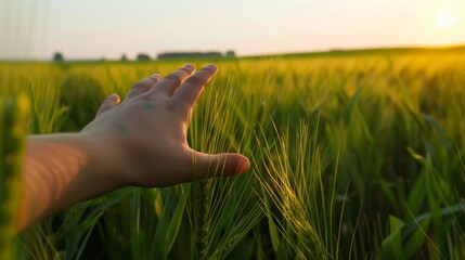 A hand reaching out in a field of tall grass. The hand is reaching out to the sky, as if trying to touch the sun. The scene is peaceful and serene, with the sun shining brightly in the background