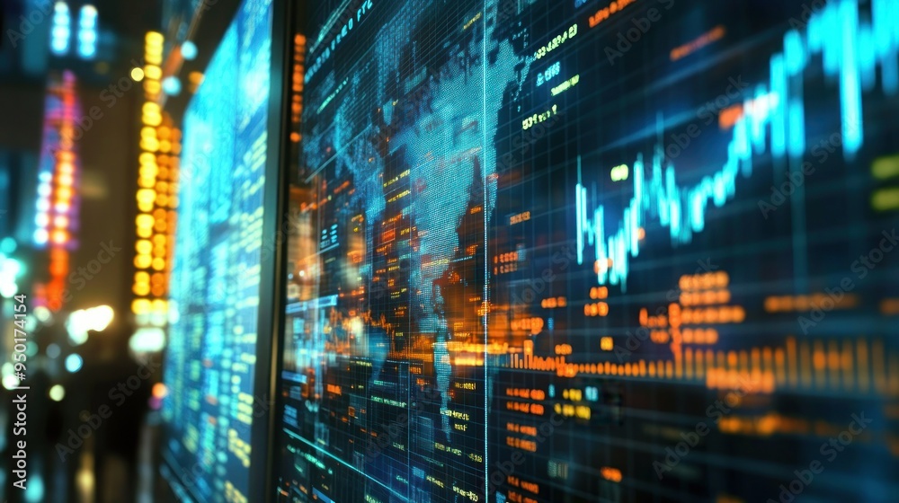 Poster Digital Display of Financial Data with a World Map and Stock Charts