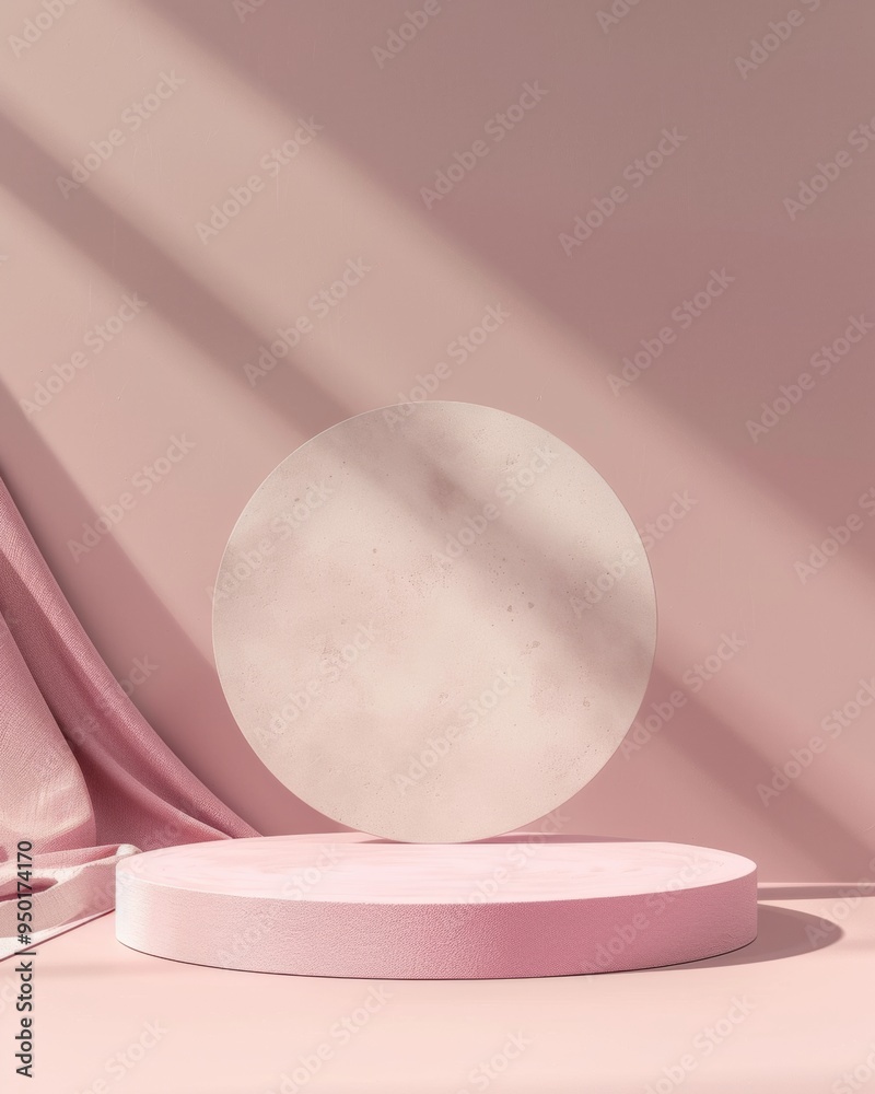 Poster minimalist mockup with soft pink circular podium in monochromatic pastel pink background and gentle 