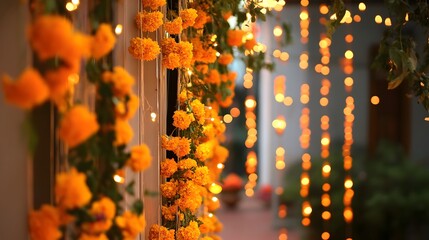 Beautifully decorated traditional Indian doorway adorned with vibrant marigold flowers and twinkling Diwali lights creating a festive and welcoming atmosphere for the holiday