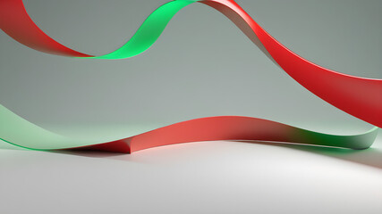 Abstract red and green ribbons in an artistic dance, a minimalist composition of flowing forms and gentle shadows