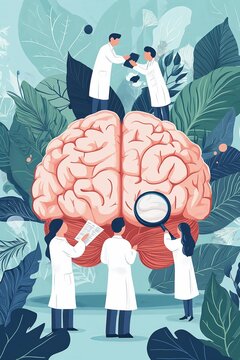 Flat style illustration of scientists in lab coats examining human brain with group activity and scientific equipment. Concept of mental health, psychology, psychiatry, study, and self-development.