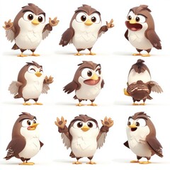 Fototapeta premium Hawk character, Multiple poses and expressions, 100% white background
