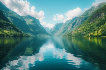 Stunning View of Norwegian Fjords with Lush Green Mountains and Reflective Lake, Showcasing Nature's Beauty in Clear Blue Skies