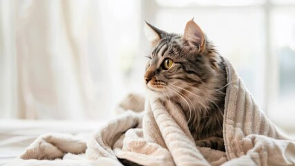 A cat relaxes on a bed covered in a cozy blanket, enjoying a pampering spa experience