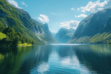 Stunning View of Norwegian Fjords with Lush Green Mountains and Reflective Lake, Showcasing Nature's Beauty in Clear Blue Skies