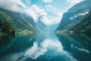 Stunning View of Norwegian Fjords with Lush Green Mountains and Reflective Lake, Showcasing Nature's Beauty in Clear Blue Skies