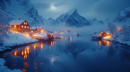Fototapeta premium Serene Winter Wonderland: Snowy Mountains, Northern Lights, and Icy Fjord Village