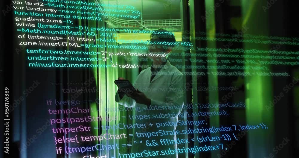 Poster programming code animation over scientist working in laboratory with tablet