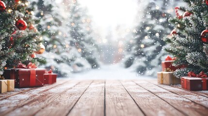 close up Christmas scene with Christmas attributes tree and gifts on the left and right sides, the central part has a lot of free space, perspective wooden floor, background snow garden, 