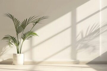 A white wall with a plant in a white pot. The plant is in the middle of the wall and the sunlight is shining on it. The room is empty and the plant is the only decoration