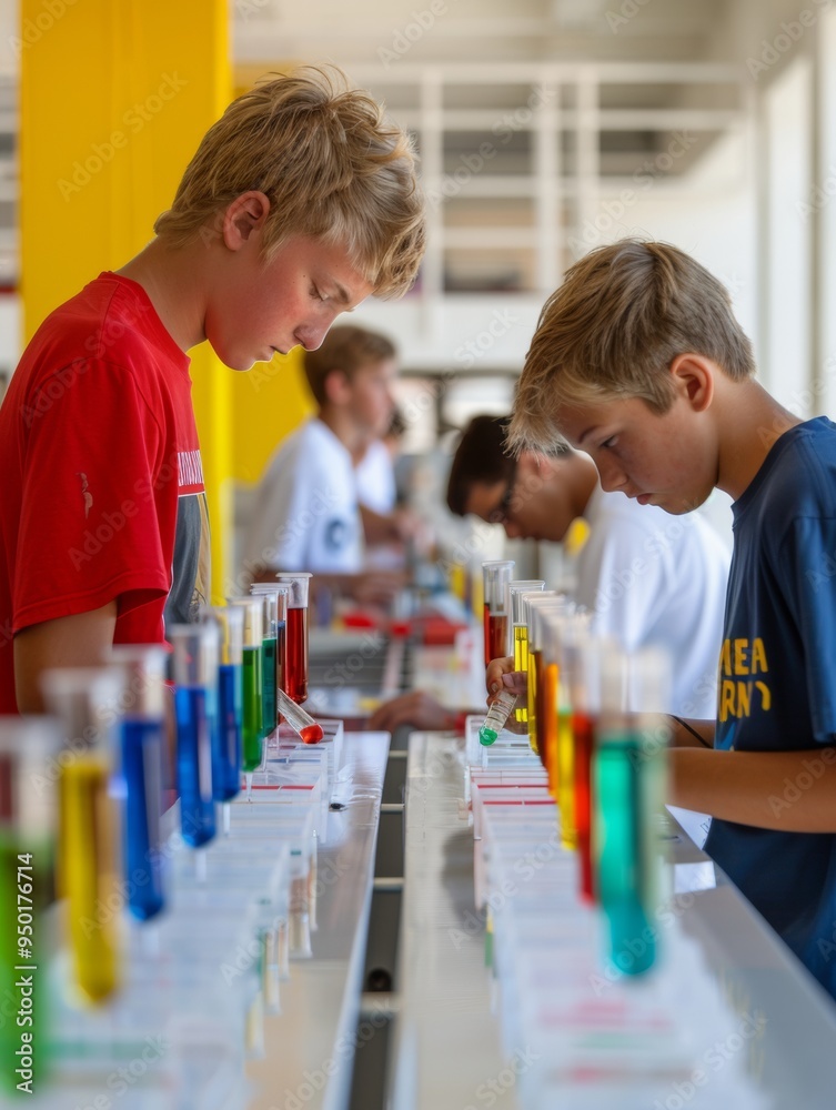 Aufkleber teen boys collaborating in high school science lab during daytime workshop, engaging in hands-on exp