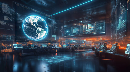 Fototapeta premium Futuristic control room with multiple workstations, with a main screen featuring a holographic Earth. Dark and ominous atmosphere in a high stakes operation.
