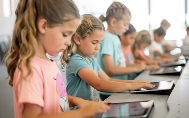 Elementary School Girls Engaged in Educational Technology Using Tablets in Bright Classroom with Teacher Facilitating Group Project