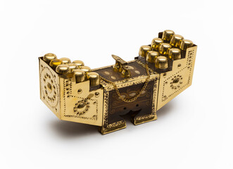 shoe shine box. Metal plated and wooden shoe polish chest. Authentic. A symbol of mystical and oriental culture, often seen in touristic places in the Middle East and Turkey.
