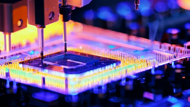Microchip production printing processor CPU component AI video memory storage microelectronics assembly semiconductor technology industry manufacturing computer circuit board equipment laboratory
