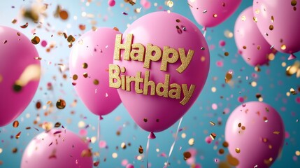 Pink Balloons with Confetti and Happy Birthday Text.