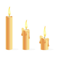 A candle is burning. Stages of burning a candle. Wax drips from the candle. Vector illustration