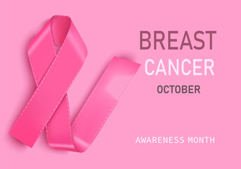 October. Banner, postcard, breast cancer poster with vector 3d realistic pink ribbon. The symbol of Breast Cancer Awareness Month . The concept of World Breast Cancer Day