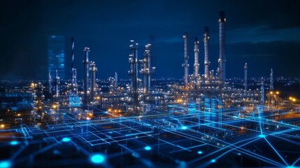 Industrial Complex at Night with Digital Network Overlay.