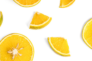Fototapeta premium Orange fruit slices isolated on white background. Top view. Flat lay.