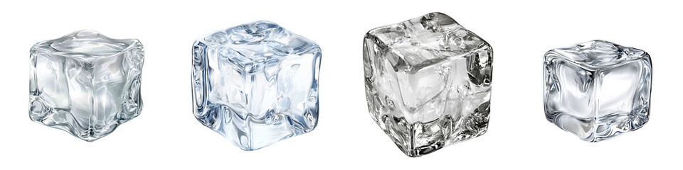 A collection of transparent ice cubes, showcasing their unique shapes and clarity against a simple background.