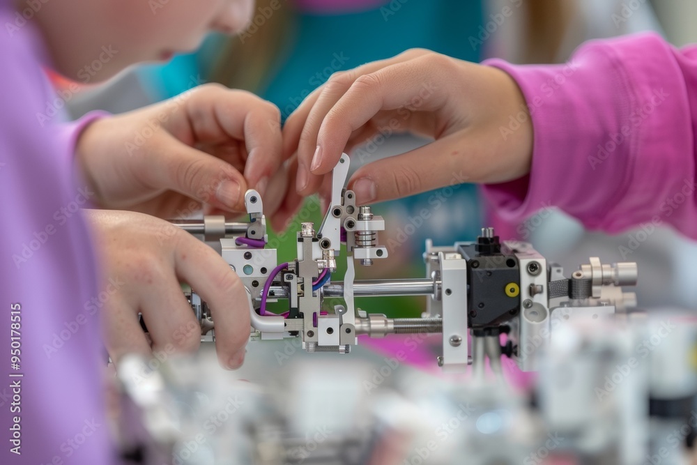 Poster young female students of various ethnicities building a robotic arm together, engaging in collaborat