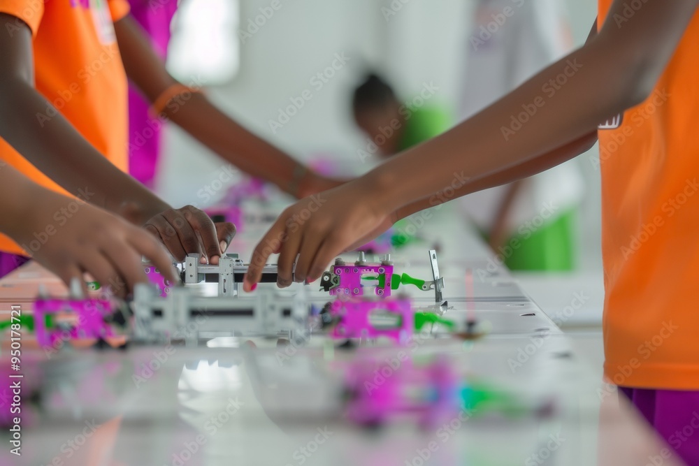 Poster young multiracial students collaborating on robotic arm assembly in classroom setting, morning, fost
