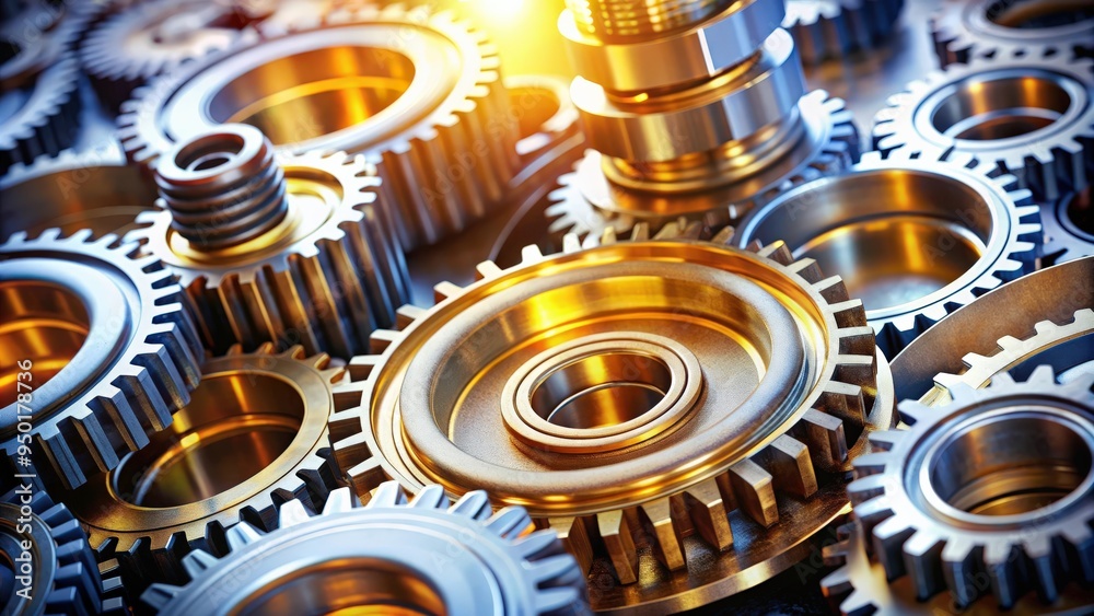 Poster close up of shiny cogwheels and gears with oil and engineering parts in background, mechanical, mach