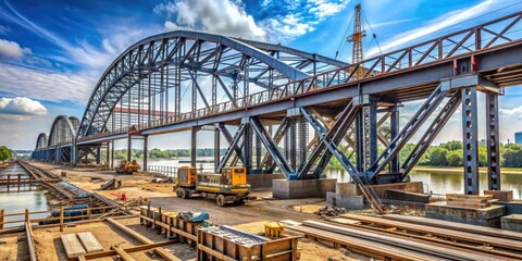 Fototapeta premium Steel bridge under construction with engineering equipment , steel, bridge, construction, engineering, equipment