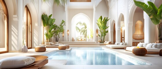 Modern Moroccan Courtyard with Pool and Loungers.
