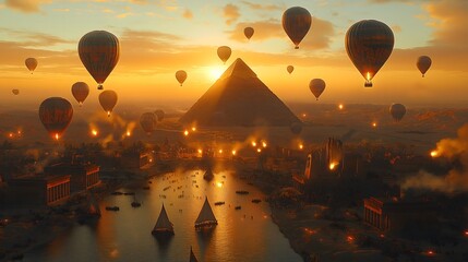 Naklejka premium Many hot air balloons above the Great Pyramid of Giza in a realistic daylight setting..