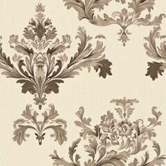 Fototapeta premium Vintage Baroque floral arabesque pattern on vintage beige fabric background, seamless repeating pattern, textile print style, minimal, Baroque design, seamless floral arabesque pattern, home decor