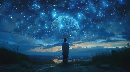 Obraz premium Cyborg Guiding Human Evolution under Starlit Sky, Illuminated Brain Sketch in Futuristic Concept