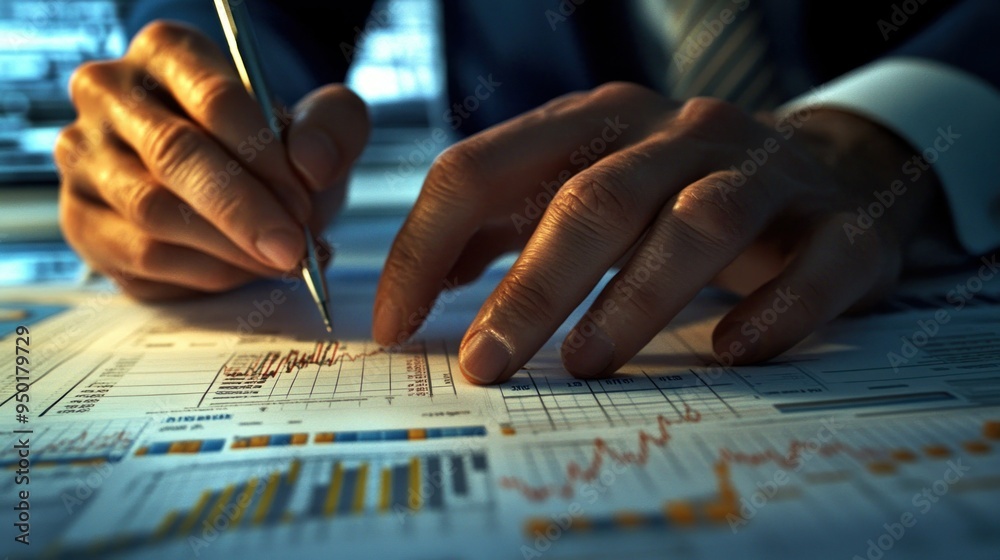 Poster close-up of hands analyzing financial charts with pen