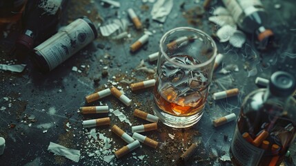 Cluttered image on black background with glass, uncapped bottle, debris, cigarette butts, and banknote implies indulgence or neglect.