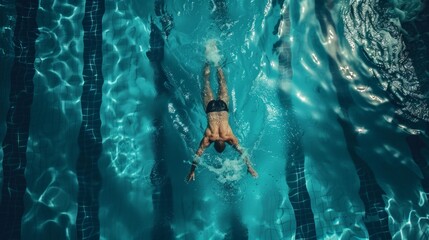 A man in black swim trunks swims in a clear pool with visible lanes, extending arms and legs while holding an underwater camera, creating a dynamic scene with bubbles and sunlight reflections.