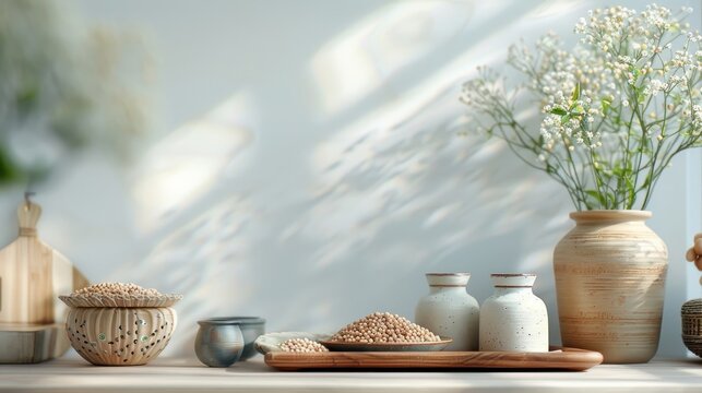 Making soybean paste (doenjang) with fermentation jars, soybeans, and Korean cooking tools in a bright kitchen setting.