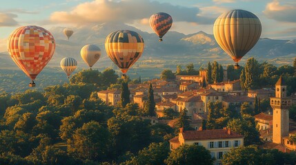 Fototapeta premium Many hot air balloons above Provence, France, in a realistic daylight setting..